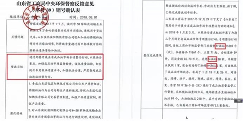 2018年11月1日,，中央第三生態(tài)環(huán)境保護(hù)督察組進(jìn)駐山東省開展“回頭看”,。通過(guò)對(duì)相關(guān)部門走訪問(wèn)詢，并抽查有關(guān)企業(yè),，發(fā)現(xiàn)山東省物流運(yùn)輸企業(yè)違規(guī)使用普通柴油或其他高硫分燃油問(wèn)題依然十分突出,，柴油貨車尾氣污染嚴(yán)重。  一,、基本情況  《大氣污染防治法》明確,，禁止向汽車和摩托車銷售普通柴油以及其他非機(jī)動(dòng)車用燃料,。第一輪中央環(huán)保督察反饋指出，山東省以普通柴油替代車用柴油的情況較多,，濱州等地市大量物流運(yùn)輸企業(yè)違規(guī)使用普通柴油,，尾氣污染問(wèn)題突出。  為此,，山東省整改方案要求,，杜絕違規(guī)使用普通柴油的情況，并明確由原省工商局負(fù)責(zé)部署推進(jìn)相應(yīng)整改工作,。原省工商局于2018年8月1日上報(bào)山東省環(huán)境保護(hù)督察反饋意見整改工作領(lǐng)導(dǎo)小組,，聲稱該問(wèn)題完成整改并銷號(hào)。  二,、主要問(wèn)題  督察發(fā)現(xiàn),，原山東省工商局作為整改責(zé)任主體沒(méi)有認(rèn)真履行整改職責(zé)，未就整改工作進(jìn)行部署推進(jìn),，整改任務(wù)目標(biāo)完全落空,，全省物流運(yùn)輸企業(yè)違規(guī)使用普通柴油或高硫分燃油問(wèn)題依然普遍存在。  （一）違規(guī)售油無(wú)人管,。督察組抽查3個(gè)地市的4家煉化公司,，發(fā)現(xiàn)這些煉化公司違規(guī)大量向物流運(yùn)輸企業(yè)銷售普通柴油或其他高硫分燃油，導(dǎo)致這些柴油大量替代車用柴油使用,，污染嚴(yán)重,。2018年，東營(yíng)齊潤(rùn)化工有限公司將3萬(wàn)余噸硫含量近2000mg/kg的常壓柴油售給物流運(yùn)輸企業(yè)和加油站,，墾利石化有限公司也將3萬(wàn)余噸硫含量2000-3000mg/kg的燃油售給相關(guān)物流運(yùn)輸企業(yè)和加油站,，硫含量最高超標(biāo)約300倍。2017年中央環(huán)保督察以來(lái),，山東匯豐石化集團(tuán)有限公司將近40萬(wàn)噸普通柴油銷往多家物流運(yùn)輸企業(yè),，濰坊市昌邑石化有限公司將5萬(wàn)余噸國(guó)Ⅳ和國(guó)Ⅴ的普通柴油售給物流運(yùn)輸企業(yè)。現(xiàn)場(chǎng)抽查發(fā)現(xiàn),，物流運(yùn)輸企業(yè)多數(shù)在自身停車場(chǎng)內(nèi)私自安裝加油裝置，將所購(gòu)違規(guī)油品自用,，昌邑市盛宏物流有限公司甚至違法轉(zhuǎn)售其他社會(huì)車輛,。   圖1 昌邑市盛宏物流有限公司在停車場(chǎng)內(nèi)私設(shè)加油裝置  （二）督察整改做樣子。原省工商局作為督察整改的責(zé)任主體,，接受任務(wù)時(shí)服從安排,，實(shí)際整改時(shí)做做樣子。督察反饋明確指出問(wèn)題主要是煉化公司違法向物流運(yùn)輸企業(yè)銷售普通柴油替代車用柴油使用,，導(dǎo)致汽車尾氣污染,。但原省工商局等部門整改時(shí)僅部署對(duì)加油站和成品油倉(cāng)儲(chǔ)批發(fā)企業(yè)的檢查,，沒(méi)有將煉化公司到物流運(yùn)輸企業(yè)的黑色鏈條作為查處對(duì)象。整改工作指東打西,，真正問(wèn)題沒(méi)有觸及,。另外，整改方案明確的目標(biāo)是“強(qiáng)化日常監(jiān)督管理,，杜絕違規(guī)使用普通柴油”,；但原省工商局擅自在銷號(hào)材料中將目標(biāo)改為“針對(duì)加油站開展專項(xiàng)整治行動(dòng)”，以此蒙混過(guò)關(guān),，虛假銷號(hào),。   圖2 原省工商局在銷號(hào)確認(rèn)表上弄虛作假  （三）執(zhí)法監(jiān)管走過(guò)場(chǎng)。2017年以來(lái),，山東省各市共打擊取締非法加油點(diǎn)近2000家,，但僅對(duì)涉案物流運(yùn)輸企業(yè)進(jìn)行了處罰，未能以此為線索追根溯源,，對(duì)源頭煉化公司違規(guī)售油問(wèn)題進(jìn)行查處,，煉化企業(yè)到物流運(yùn)輸企業(yè)的黑色鏈條始終未被斬?cái)唷? 一些煉化企業(yè)長(zhǎng)期游離于監(jiān)管之外，缺乏對(duì)法律的敬畏,。2018年8月,，生態(tài)環(huán)境部調(diào)研發(fā)現(xiàn)中國(guó)化工集團(tuán)山東昌邑石化有限公司涉嫌違法生產(chǎn)銷售國(guó)Ⅳ普通柴油，但在進(jìn)一步調(diào)查時(shí),，企業(yè)拒絕配合,，不提供相關(guān)臺(tái)賬，并臨時(shí)編造相關(guān)記錄,。“回頭看”進(jìn)駐后,，督察組再次現(xiàn)場(chǎng)檢查，要求企業(yè)提供儲(chǔ)運(yùn)臺(tái)賬,，企業(yè)依然拒絕提供,，并繼續(xù)編造謊言，提供虛假材料,，性質(zhì)十分惡劣,。  對(duì)此，濰坊市查處不嚴(yán)不實(shí),，甚至試圖蒙混過(guò)關(guān),。在督察組兩次督導(dǎo)后，查處工作依然走過(guò)場(chǎng),，在未調(diào)度企業(yè)生產(chǎn)記錄和儲(chǔ)運(yùn)臺(tái)賬等關(guān)鍵證據(jù)的情況下,，即采信企業(yè)說(shuō)法，甚至未調(diào)閱生產(chǎn)記錄就作出該企業(yè)2018年未生產(chǎn)銷售國(guó)Ⅳ普通柴油的結(jié)論。直到督察組再次督導(dǎo),、進(jìn)一步明確要求后才加大查處力度,，發(fā)現(xiàn)該企業(yè)2018年實(shí)際以燃料油名義違規(guī)銷售國(guó)Ⅳ普通柴油4萬(wàn)多噸。  三,、原因分析  原山東省工商局不在整改落實(shí)中下功夫,，反而在整改銷號(hào)上動(dòng)腦筋，表面整改,，虛假整改問(wèn)題突出,。  山東省有關(guān)地市不敢動(dòng)真碰硬，對(duì)違法銷售不合格油品的黑色鏈條整治不力,，未能對(duì)油品來(lái)源追根溯源,，未對(duì)煉化企業(yè)的違法行為依法查處。